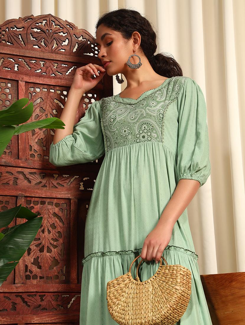 women three quarter sleeve tiered ethnic dress - 21948221 - Standard Image - 4