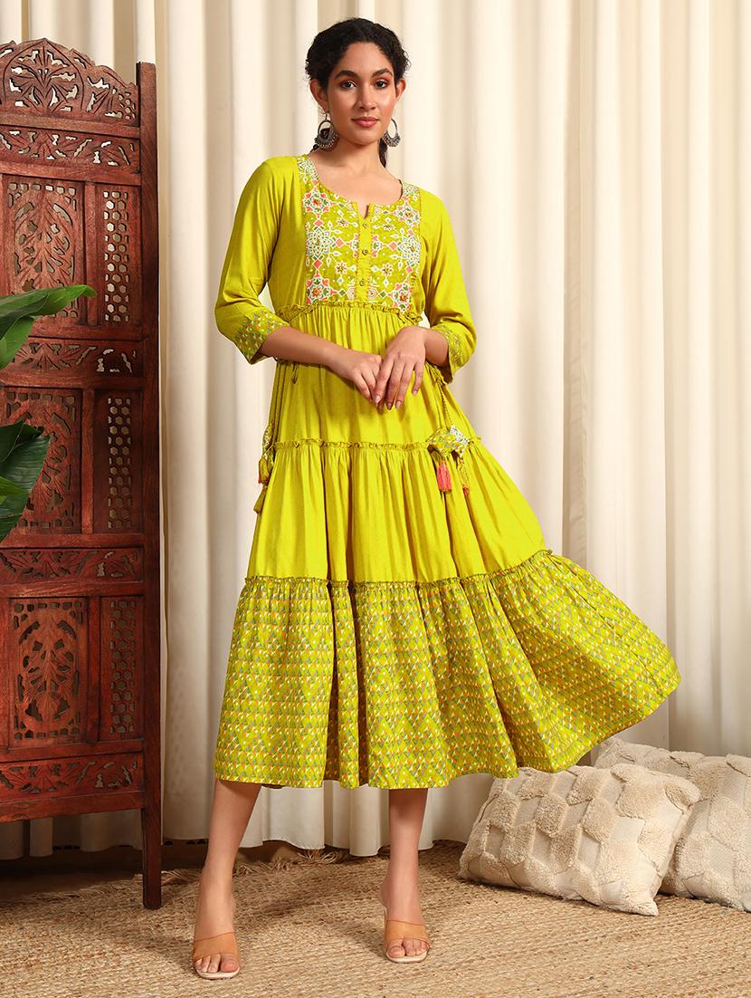women three quarter sleeve tiered ethnic dress - 21948224 -  Zoom Image - 0