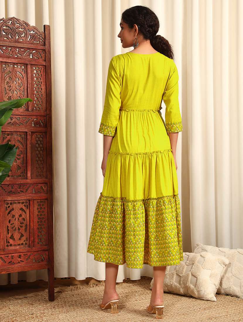 Women Three Quarter Sleeve Tiered Ethnic Dress