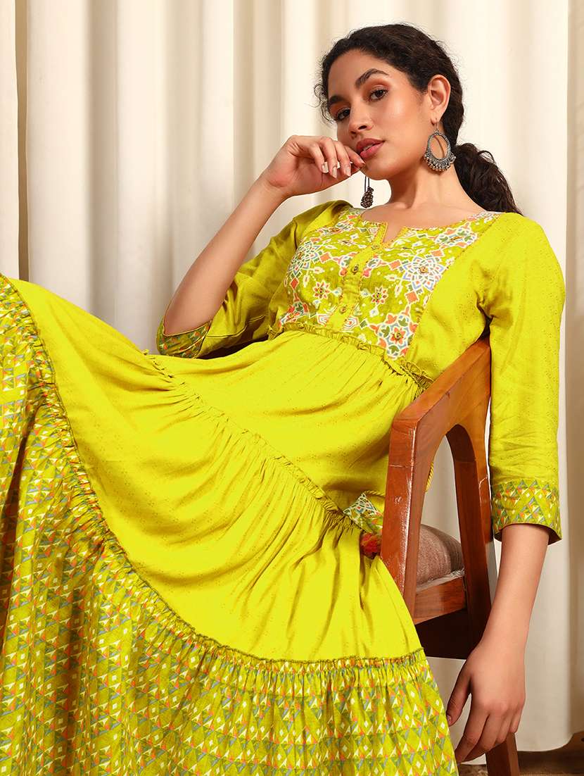Women Three Quarter Sleeve Tiered Ethnic Dress