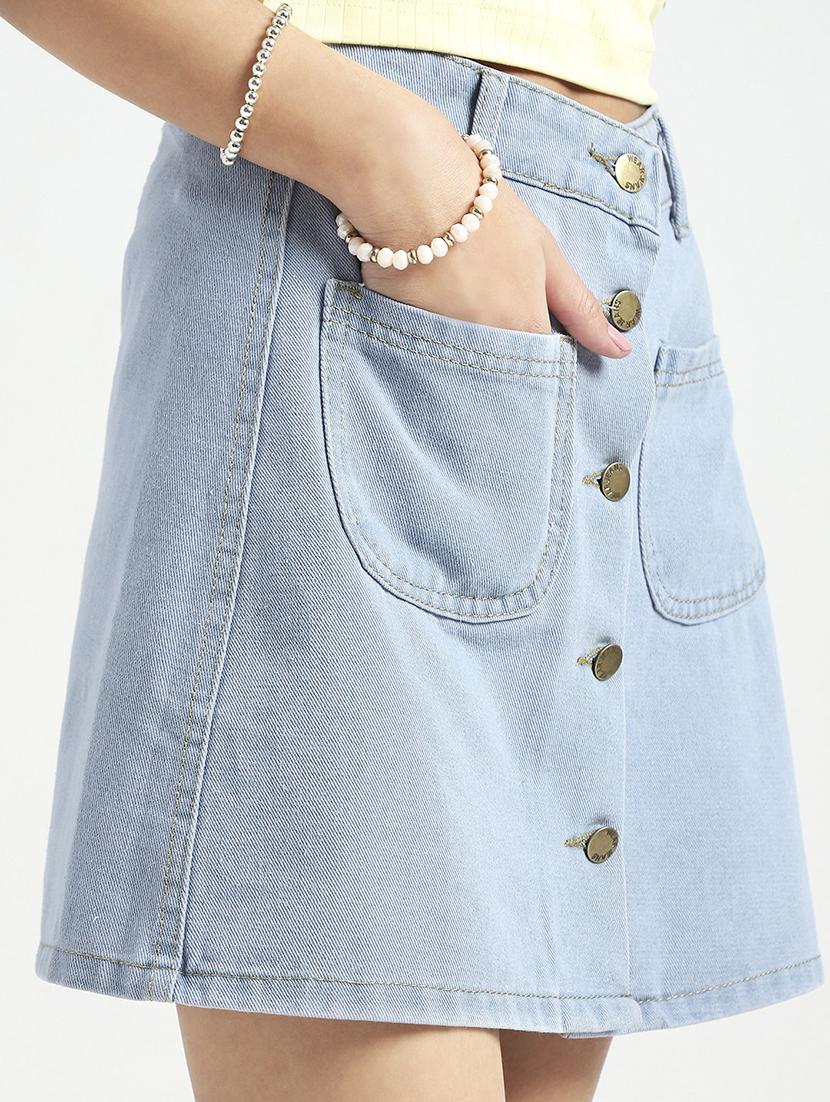 women blue solid high rise a-line skirt - 21948302 - Standard Image - 4