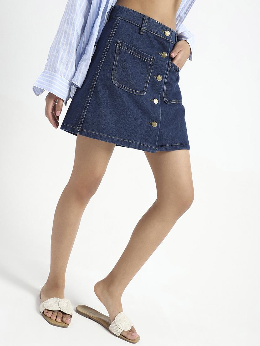 women navy blue solid high rise a-line skirt - 21948303 - Standard Image - 1