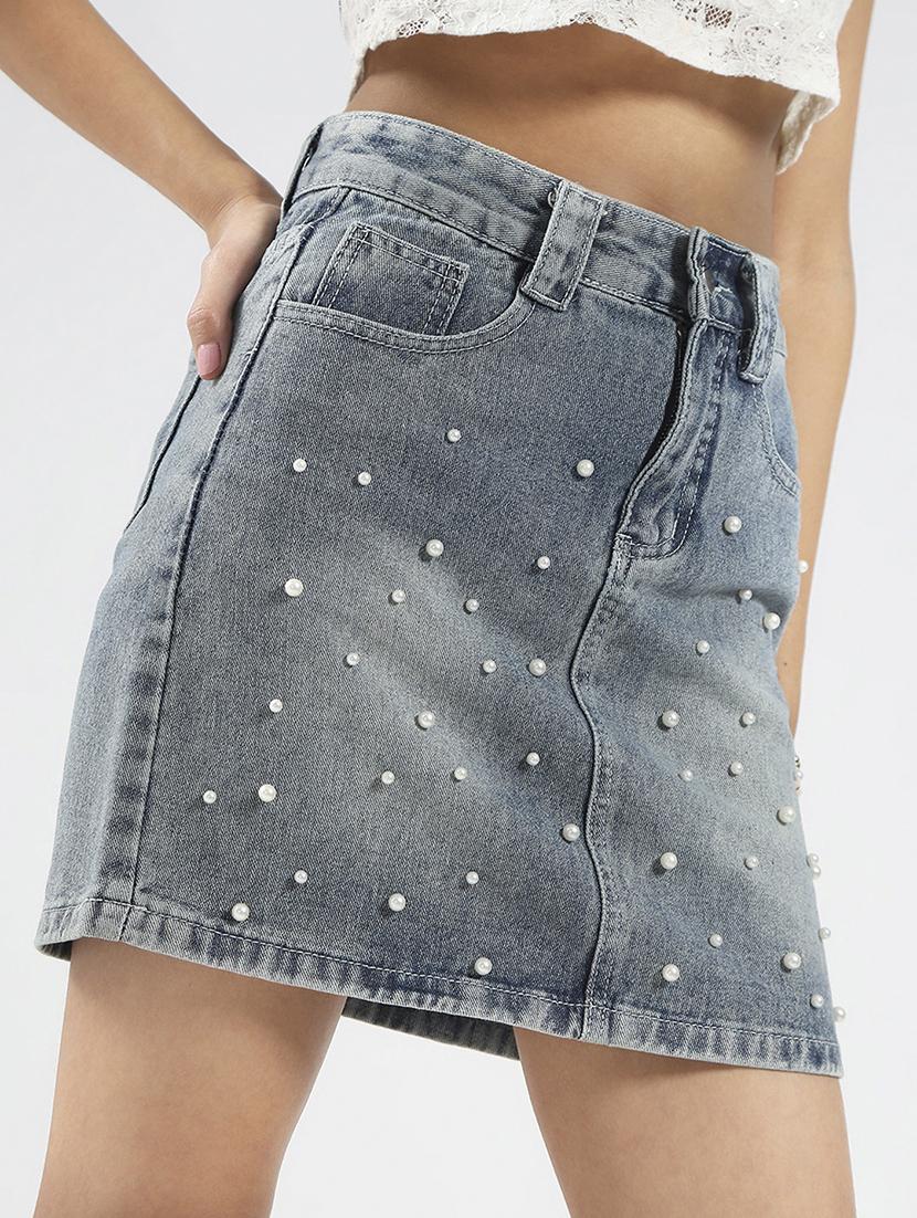 women blue embellished high rise a-line skirt - 21948305 - Standard Image - 4