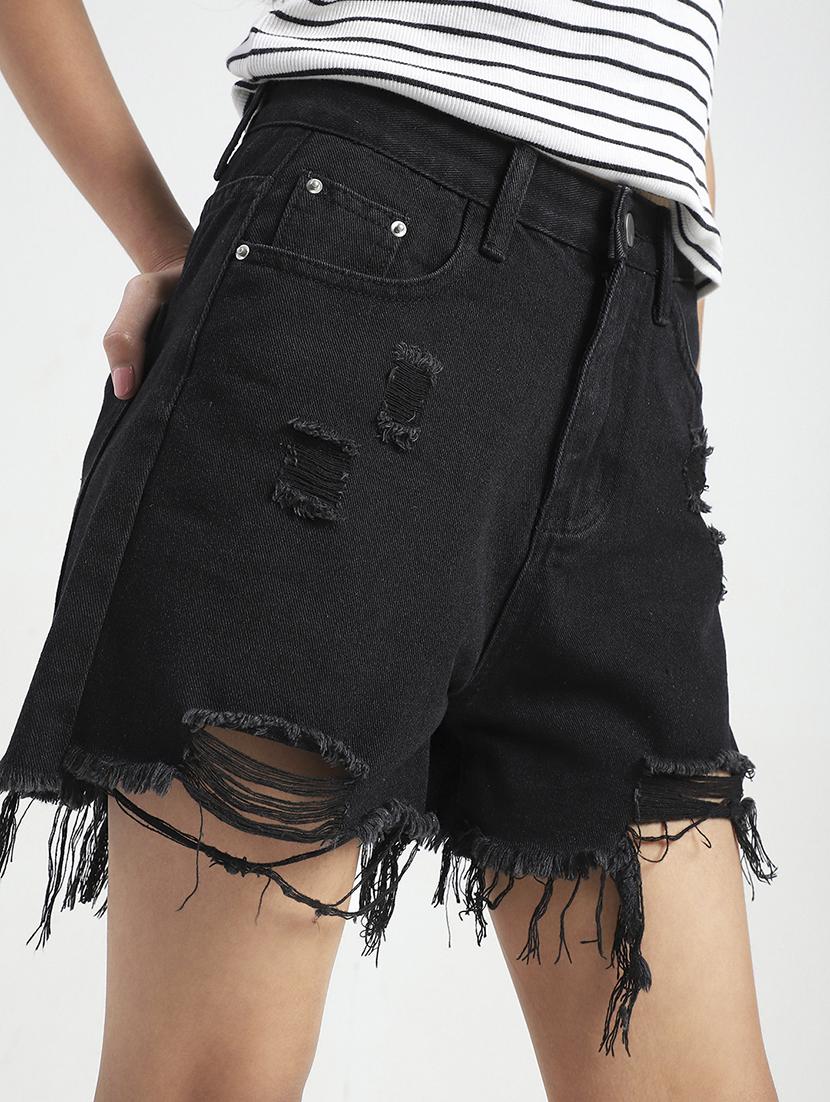 women black distress high rise shorts - 21948310 - Standard Image - 4