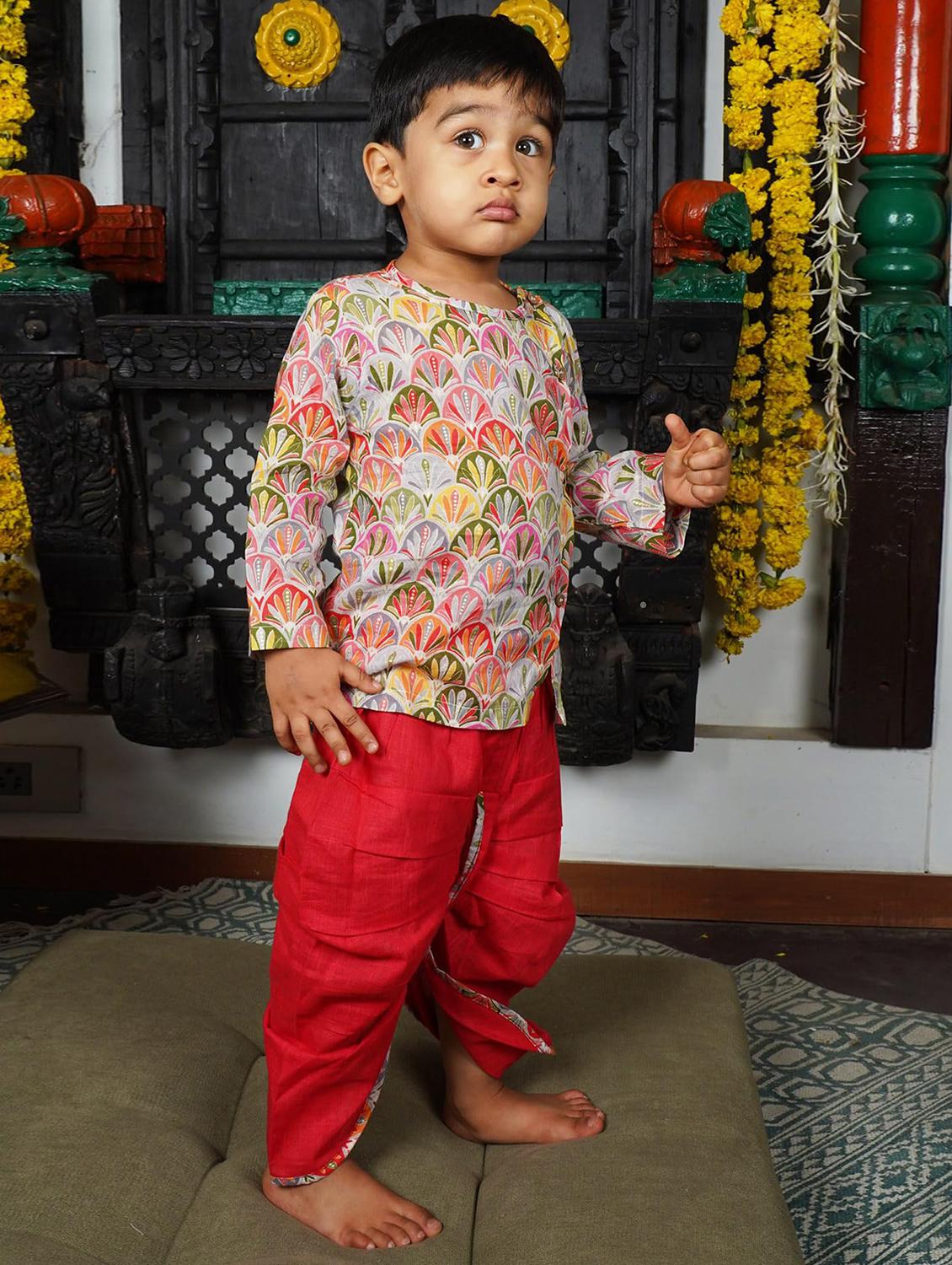 kids printed long sleeve dhoti kurta set