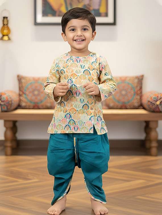 kids printed long sleeve dhoti kurta set