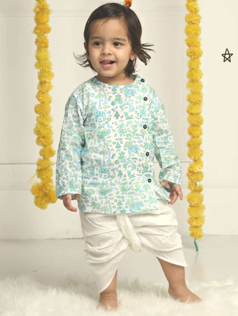 kids printed long sleeve dhoti kurta set