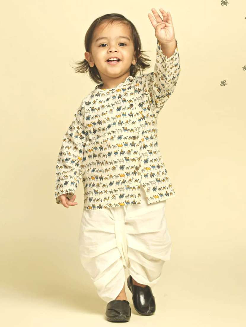 kids printed long sleeve dhoti kurta set