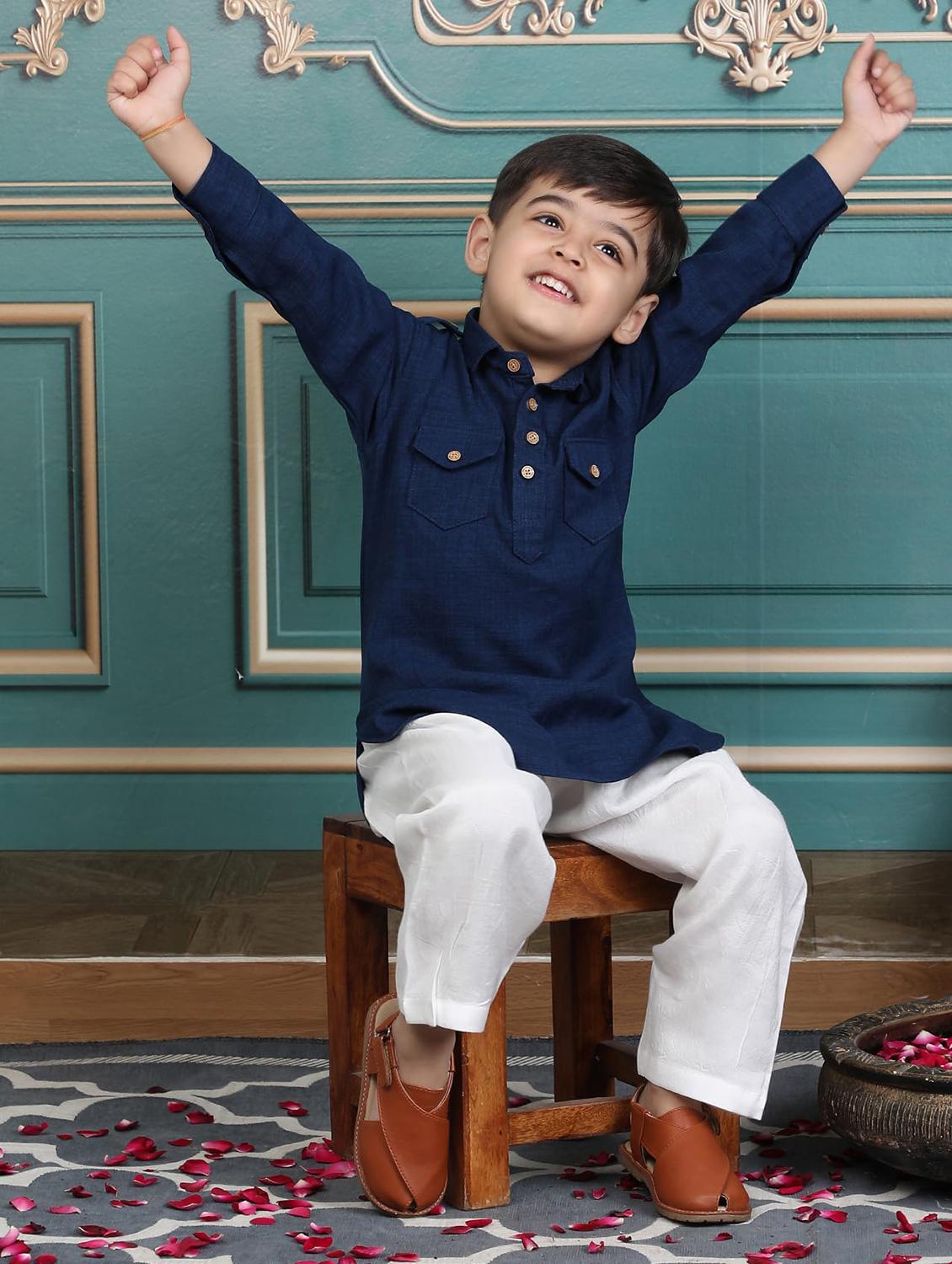 kids solid long sleeve pathani set - 21948360 - Standard Image - 4