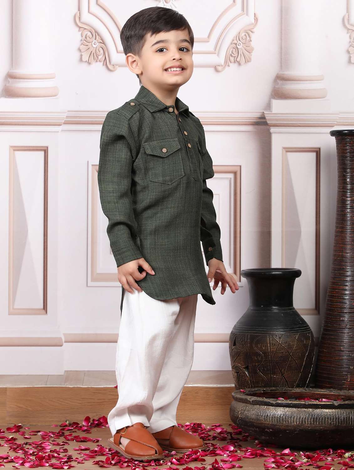 kids solid long sleeve pathani set