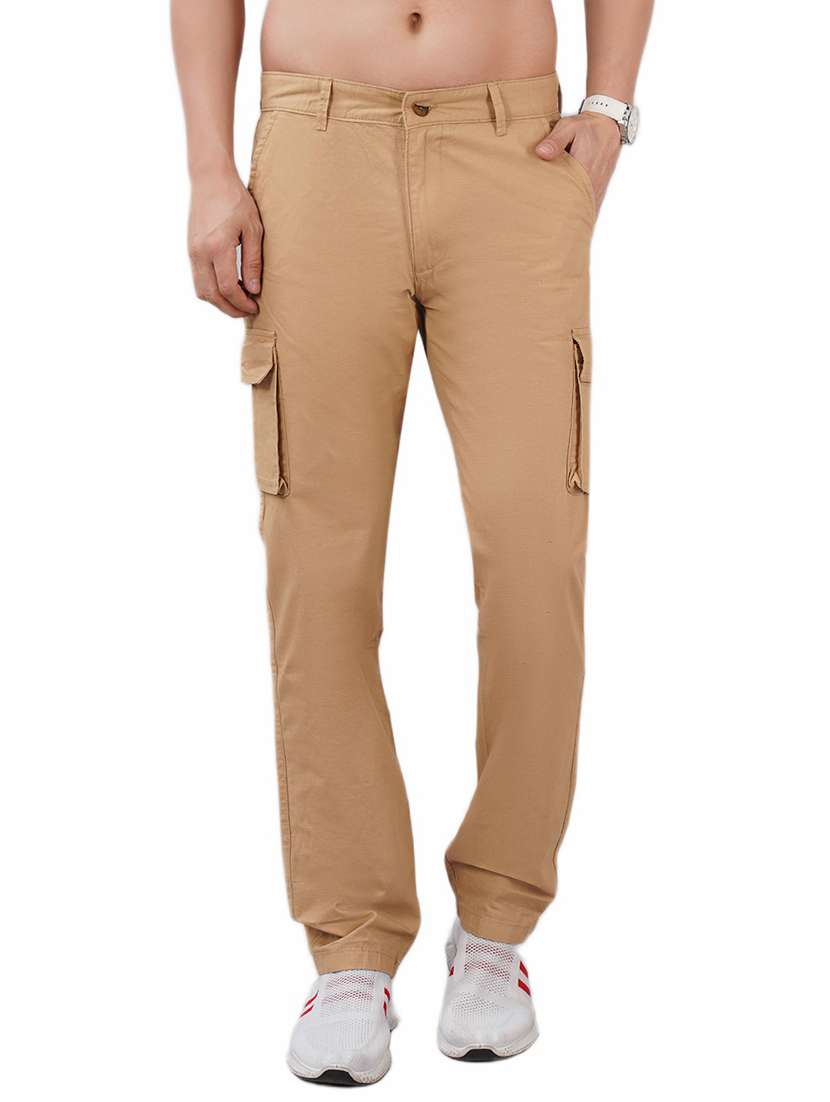 men beige solid mid rise cargo