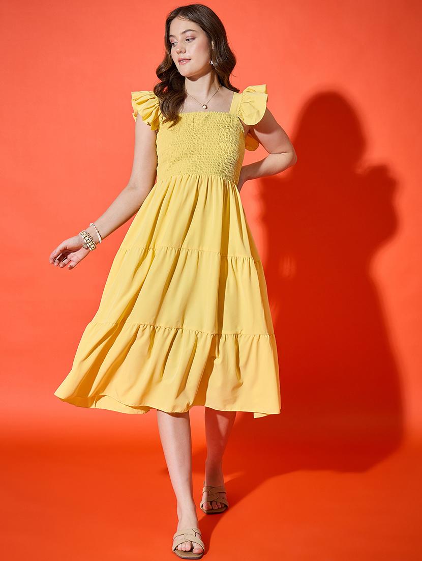 women solid ruffle sleeve calf length tiered dress - 21948419 - Standard Image - 1
