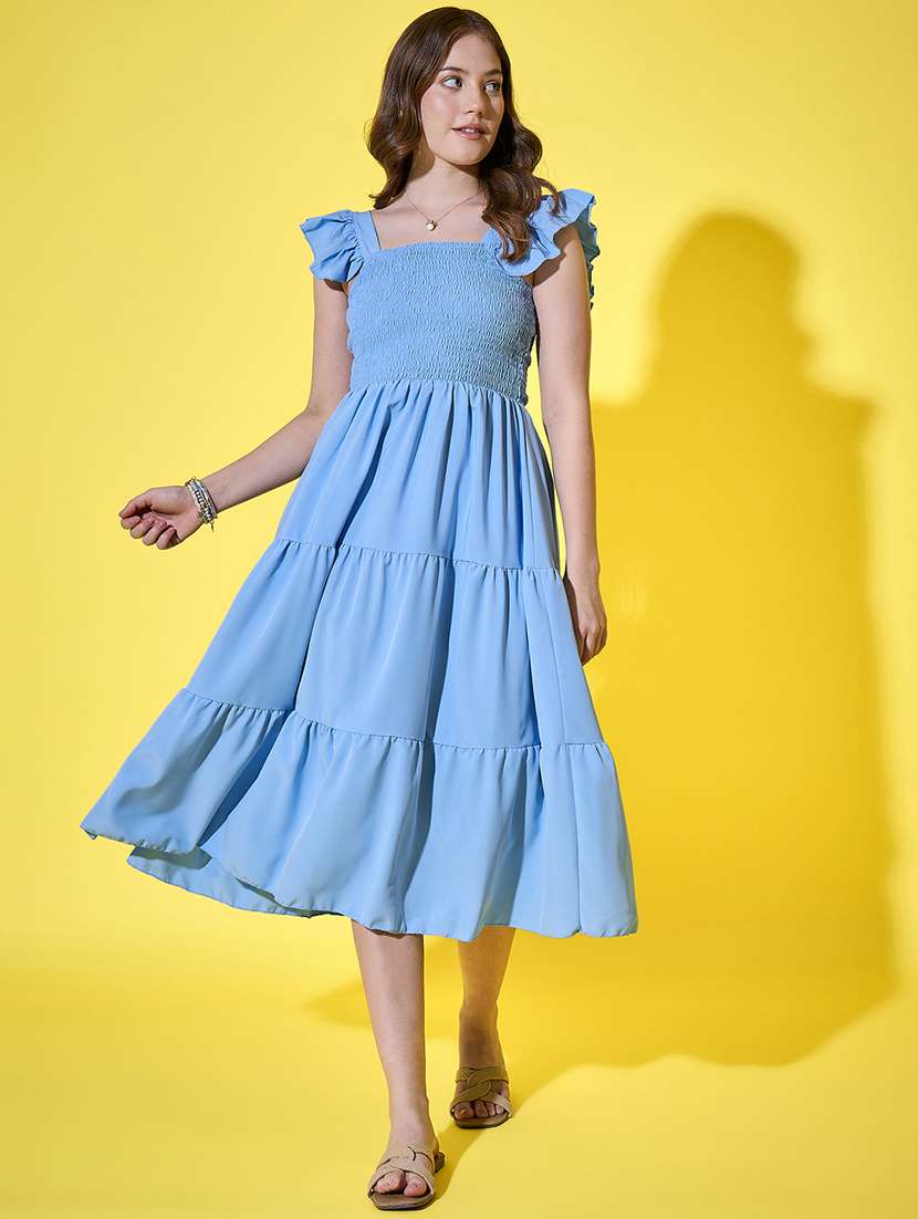 women solid ruffle sleeve calf length tiered dress - 21948420 - Standard Image - 1