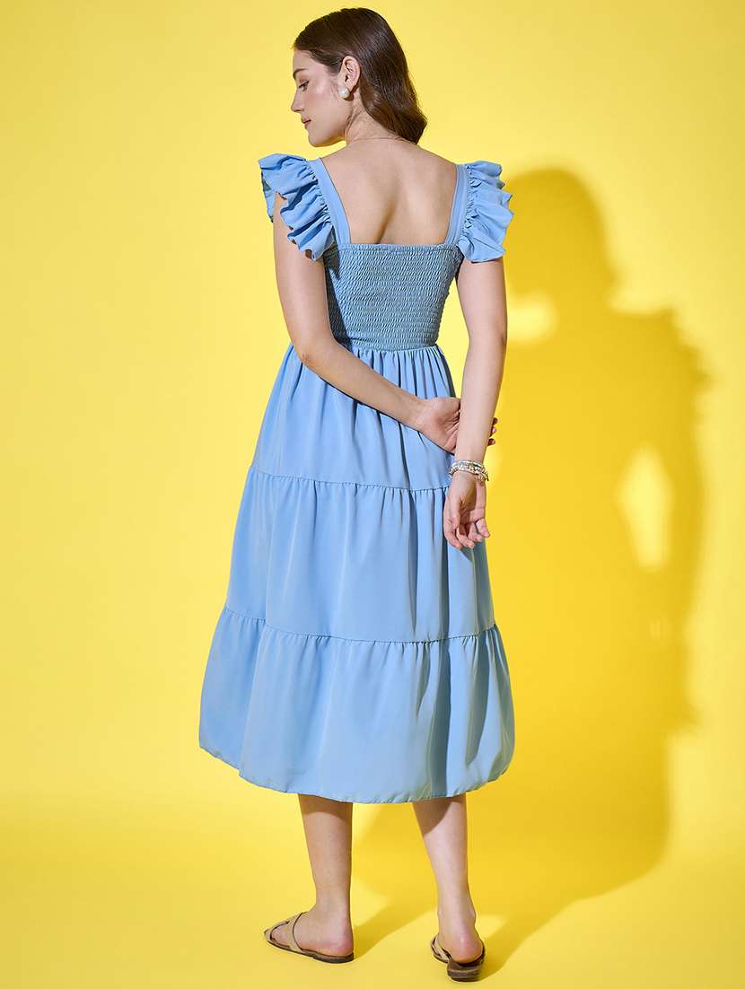 women solid ruffle sleeve calf length tiered dress - 21948420 - Standard Image - 4