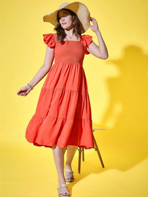 women solid ruffle sleeve calf length tiered dress - 21948421 -  Standard Image - 0