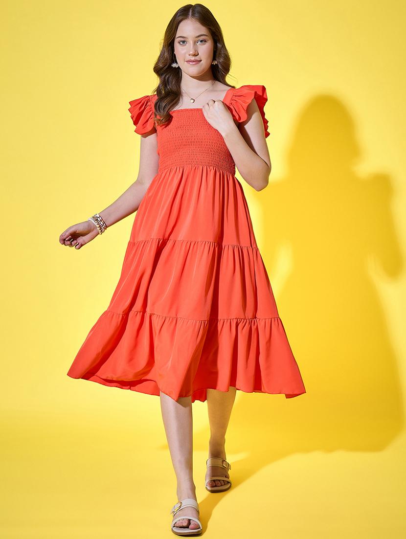 women solid ruffle sleeve calf length tiered dress - 21948421 - Standard Image - 1