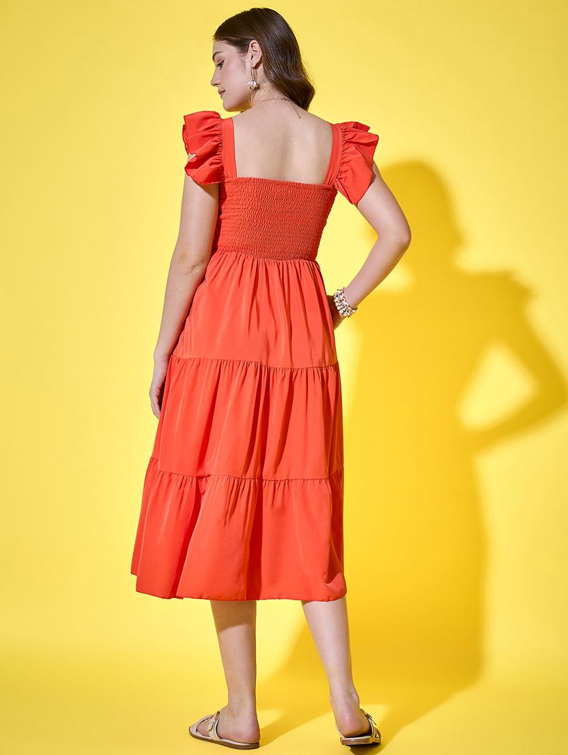 women solid ruffle sleeve calf length tiered dress - 21948421 - Standard Image - 4