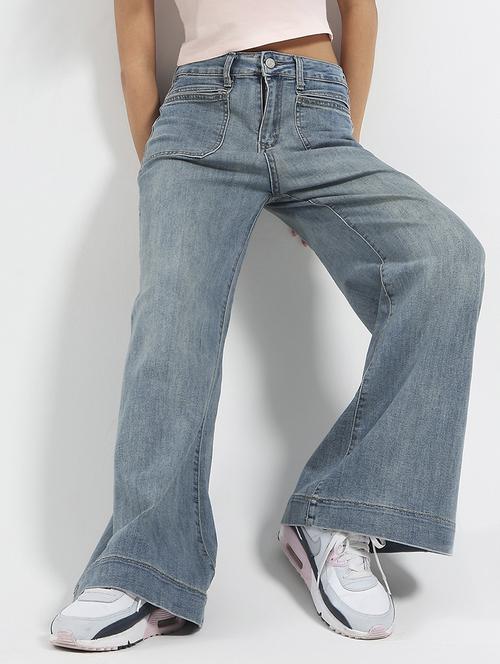 women blue solid high rise wide leg jeans - 21948449 - Standard Image - 0