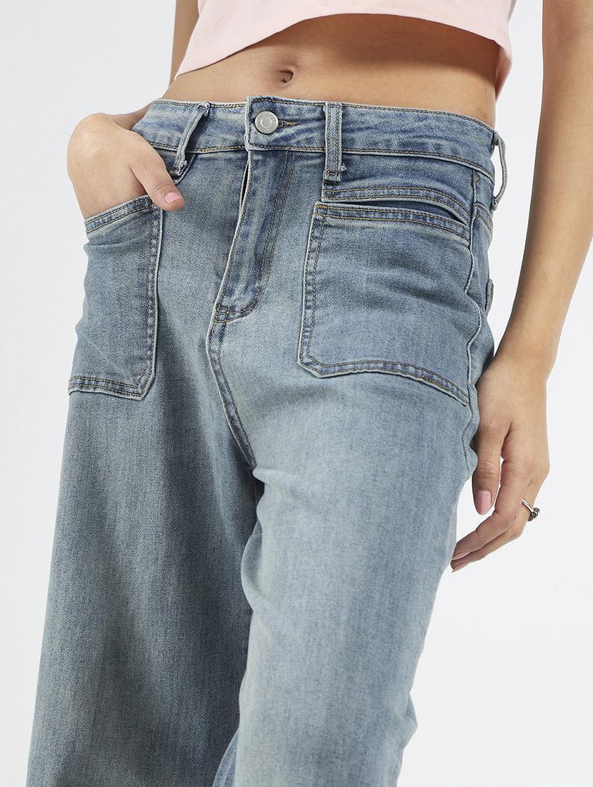 women blue solid high rise wide leg jeans - 21948449 - Standard Image - 4