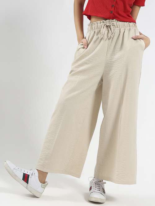 women beige solid high rise wide leg trouser - 21948461 -  Standard Image - 0