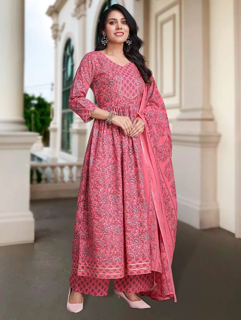 women three quarter sleeve anarkali kurta palazzo with dupatta set - 21948528 -  Standard Image - 1