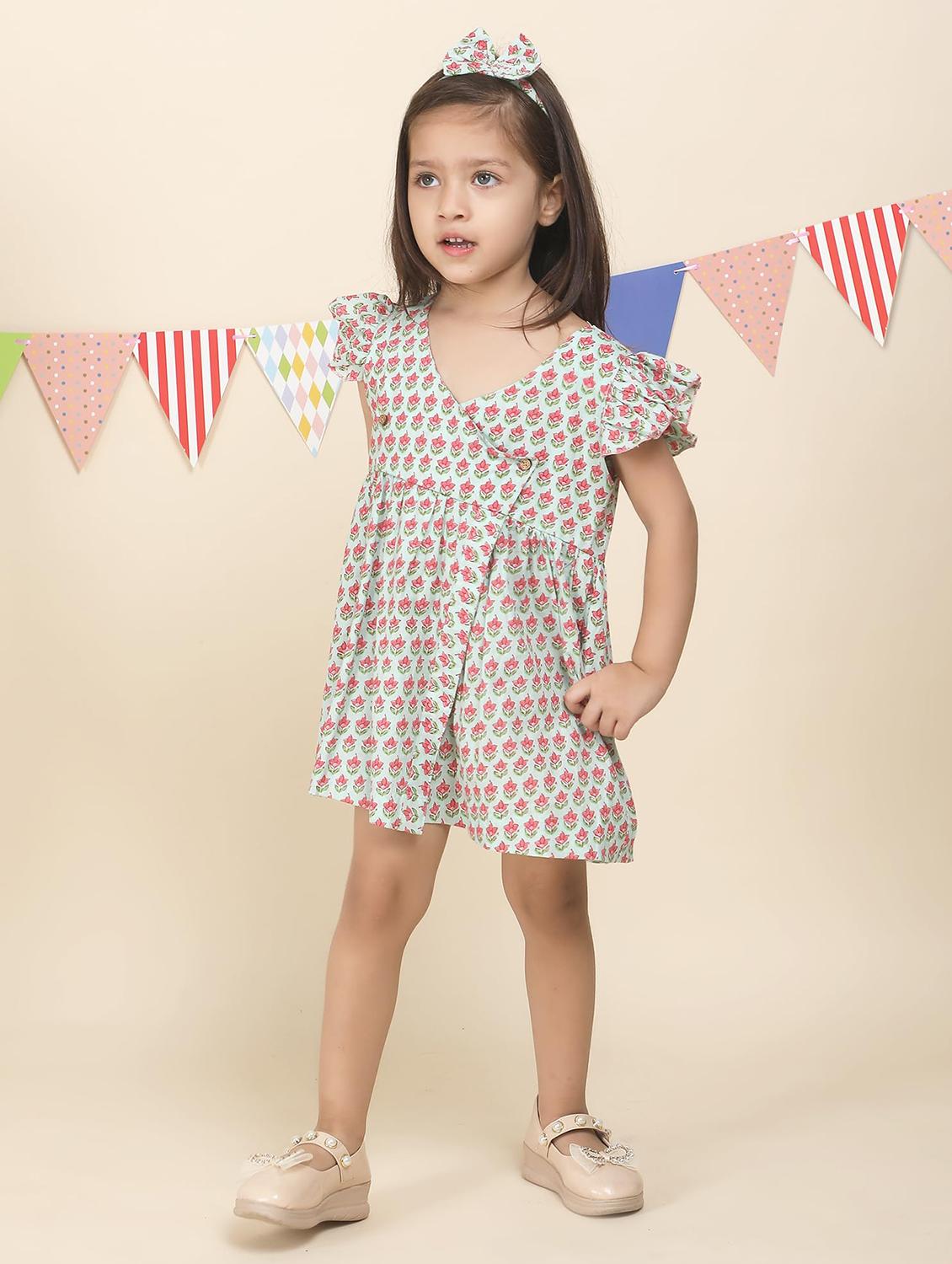 kids white floral printed overlap neck frock - 21948616 -  Standard Image - 1