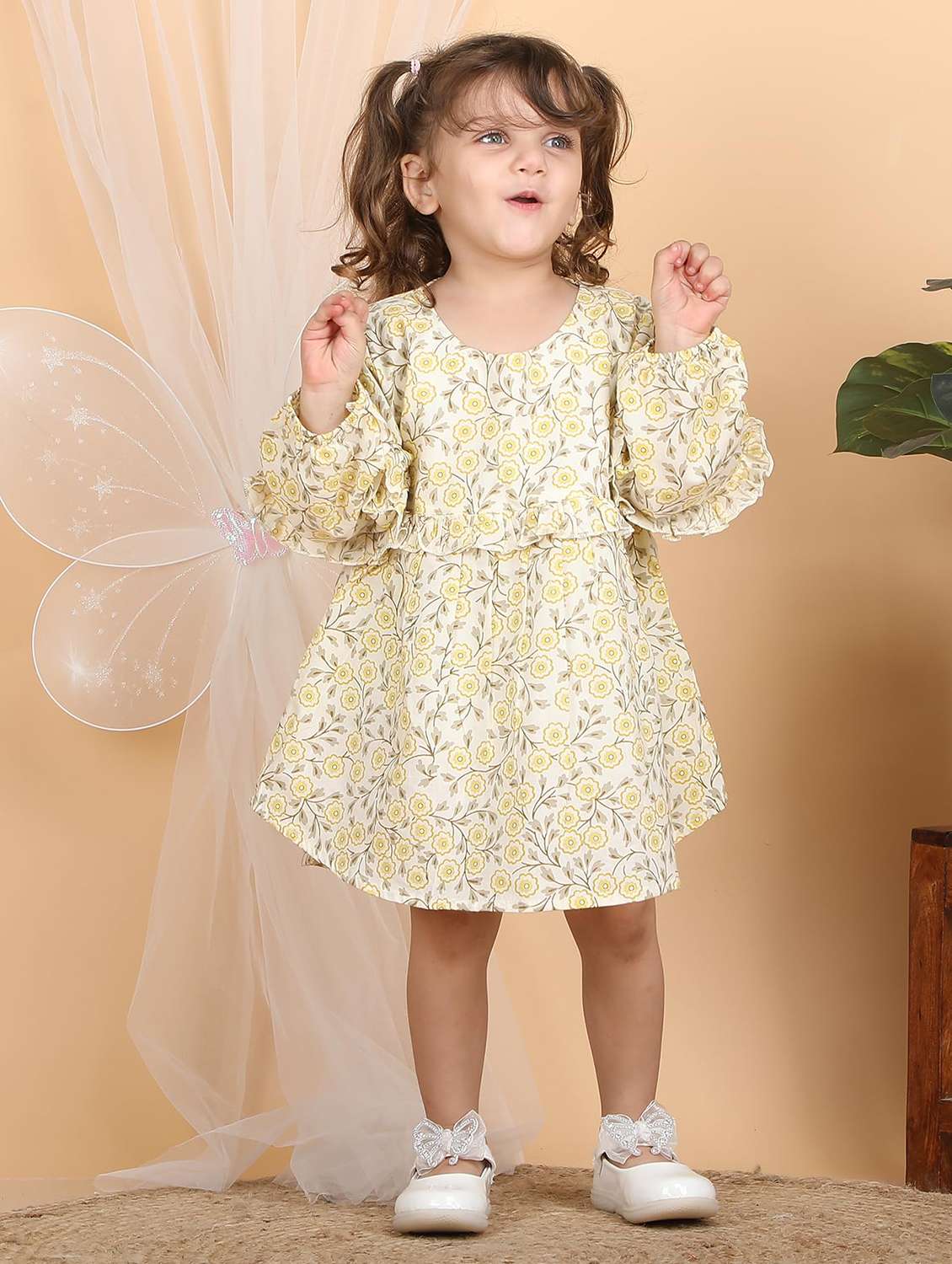 kids yellow floral printed round neck frock