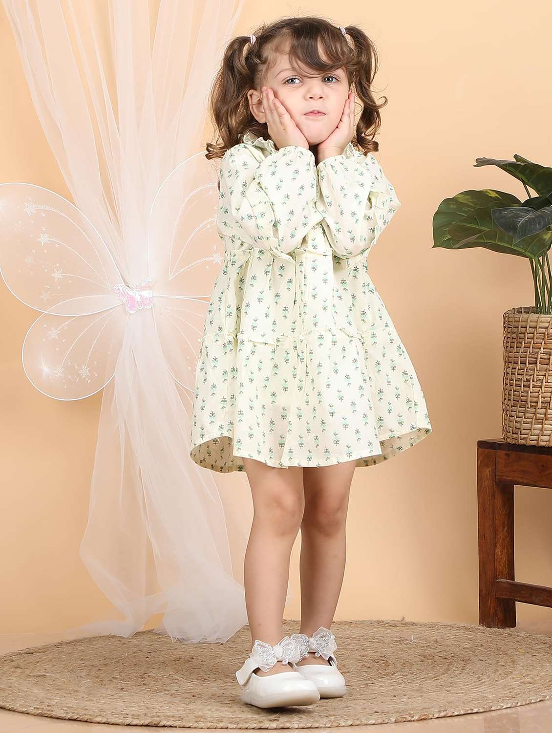 kids neo mint floral printed round neck frock