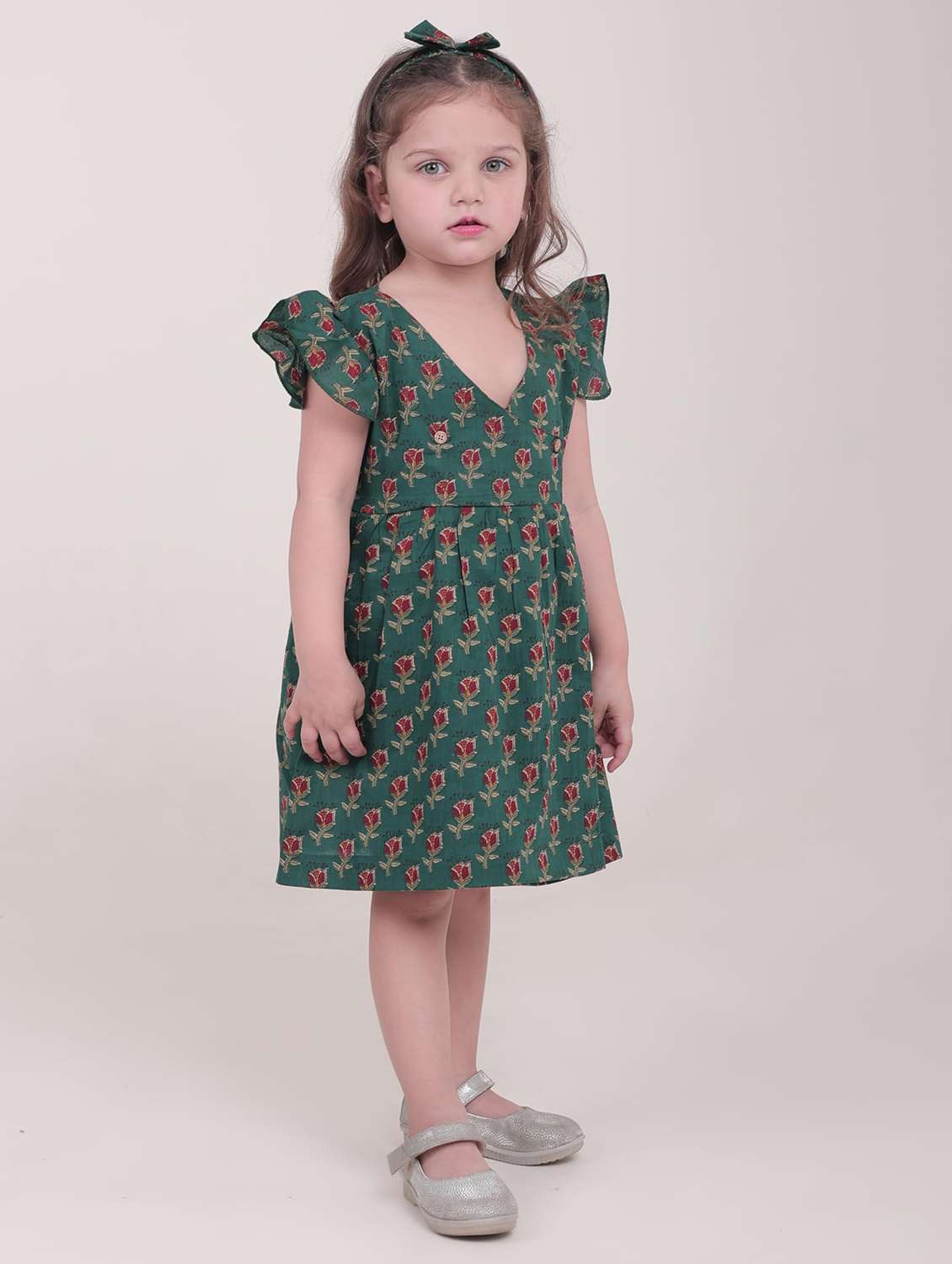 kids green floral printed v neck frock - 21948632 -  Standard Image - 1