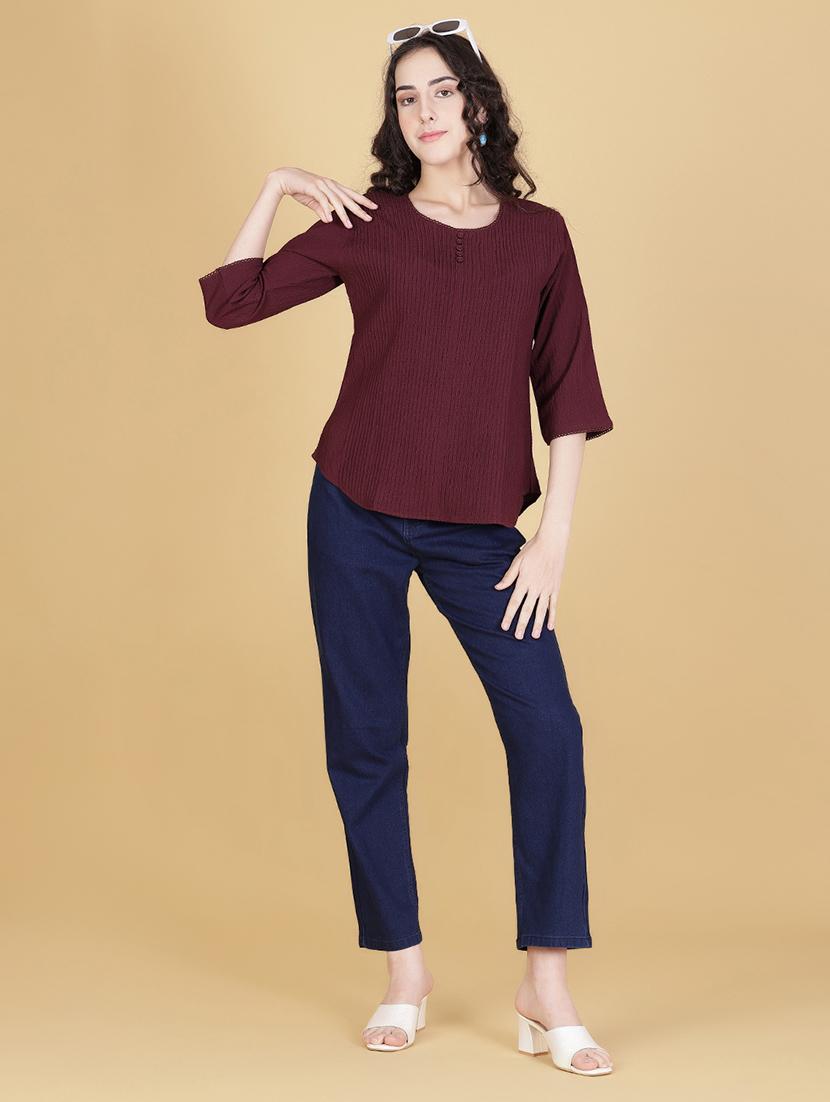 women solid three quarter sleeve regular top - 21948766 - Standard Image - 4