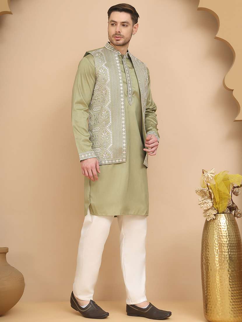 pista green cotton blend kurta pyjama with jacket ethnic wear set - 21948922 -  Standard Image - 1