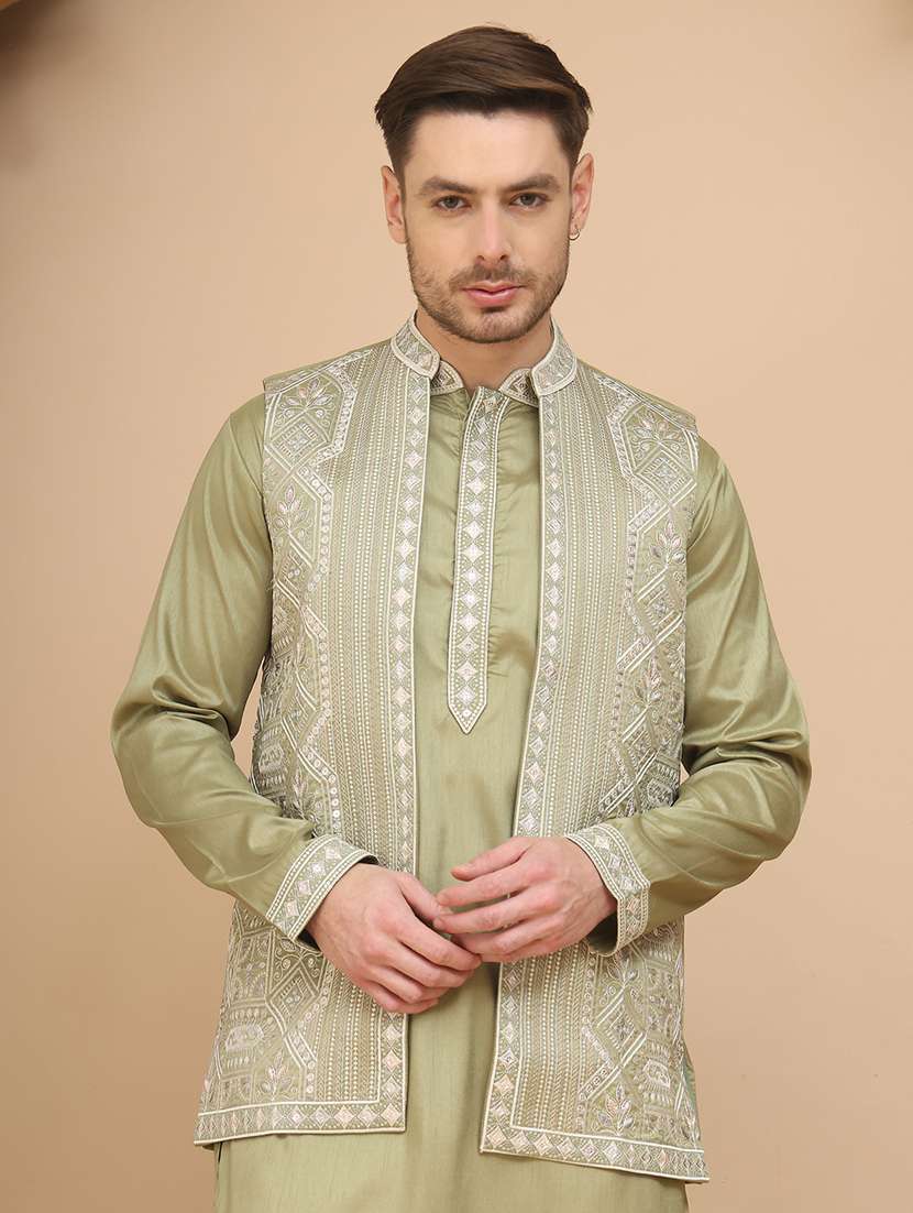 pista green cotton blend kurta pyjama with jacket ethnic wear set - 21948922 -  Standard Image - 4