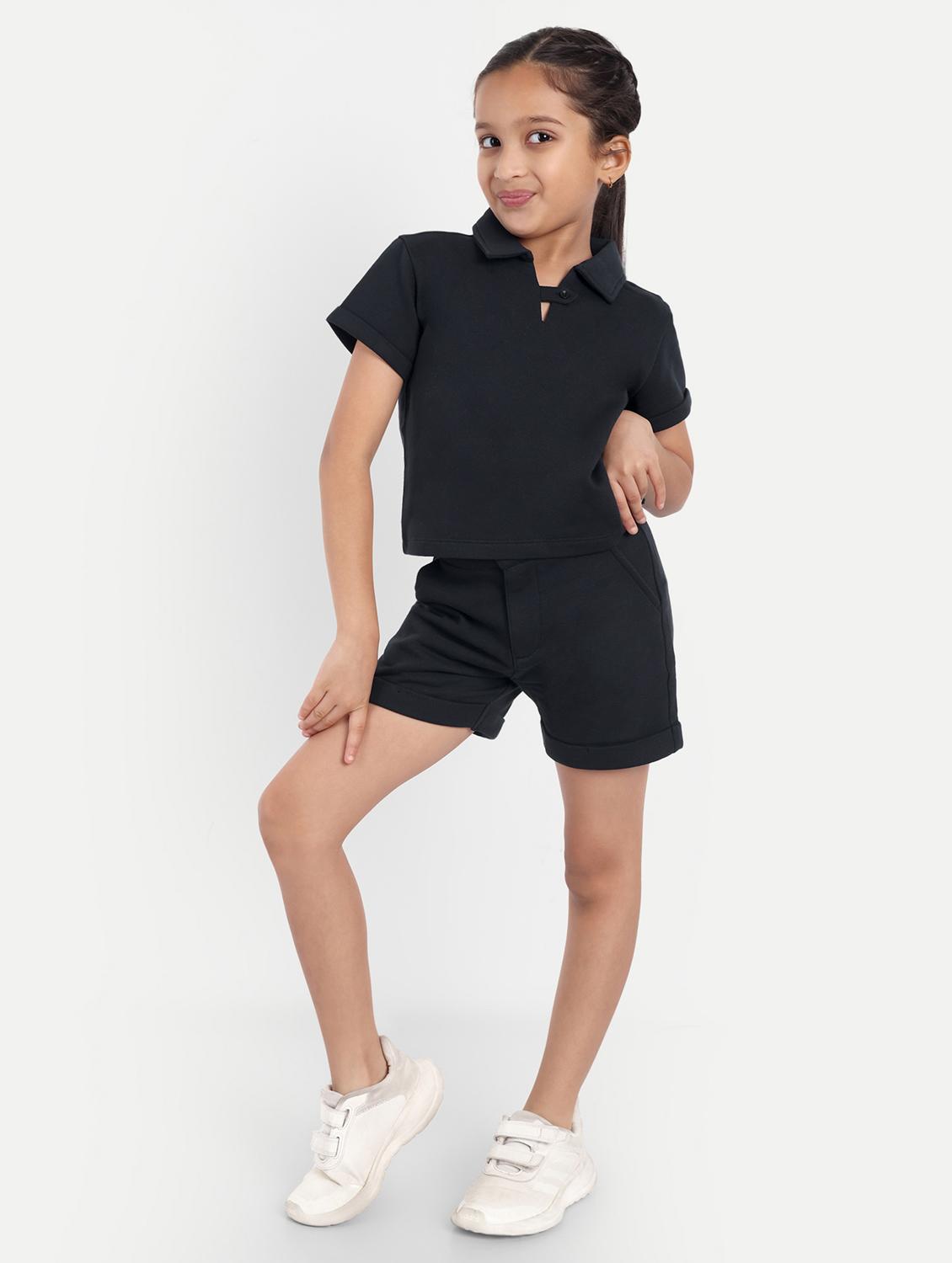 girls black solid shorts & top co-ords set - 21949153 -  Standard Image - 1