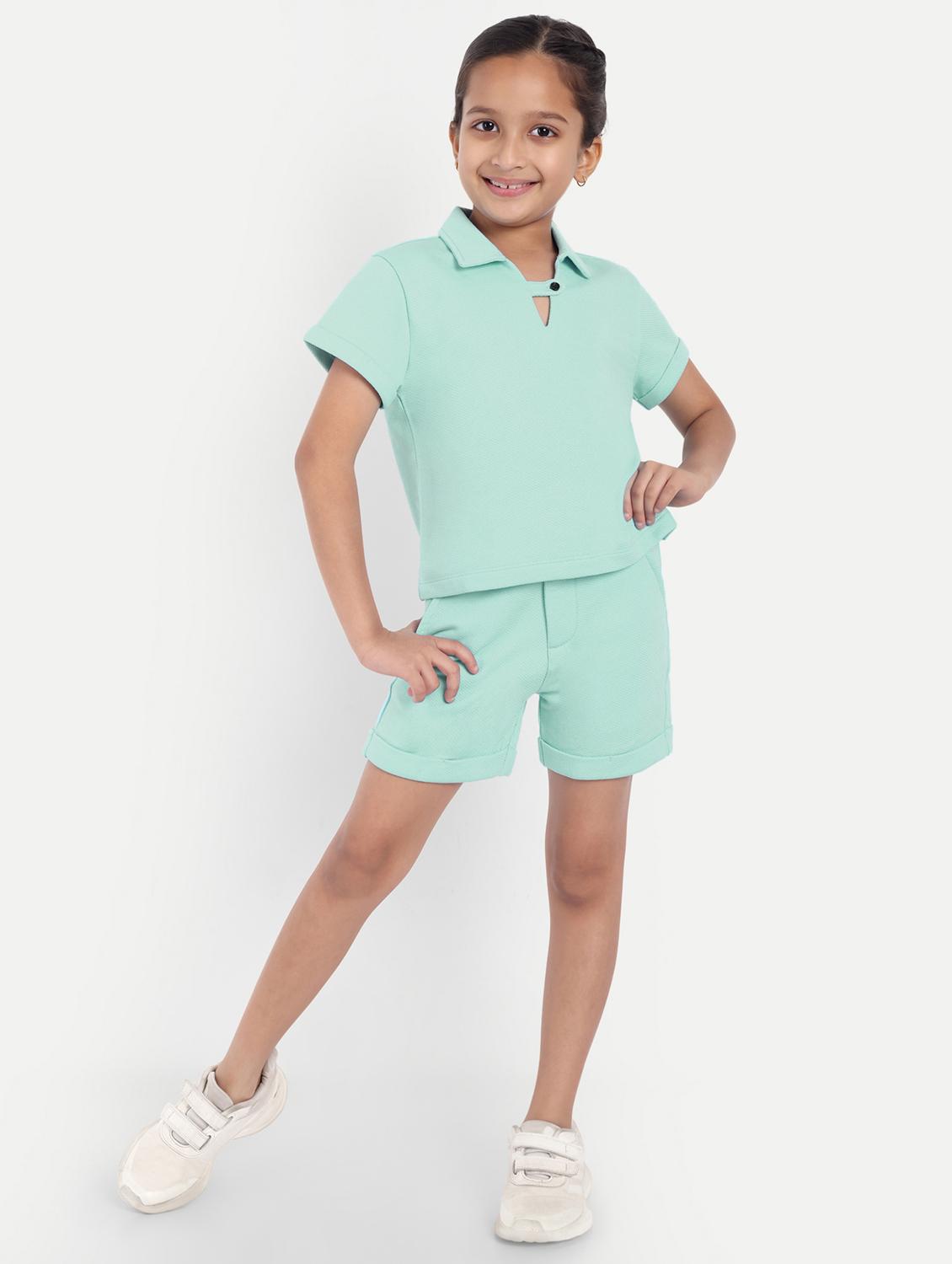 girls sea green solid shorts & top co-ords set - 21949154 -  Standard Image - 1