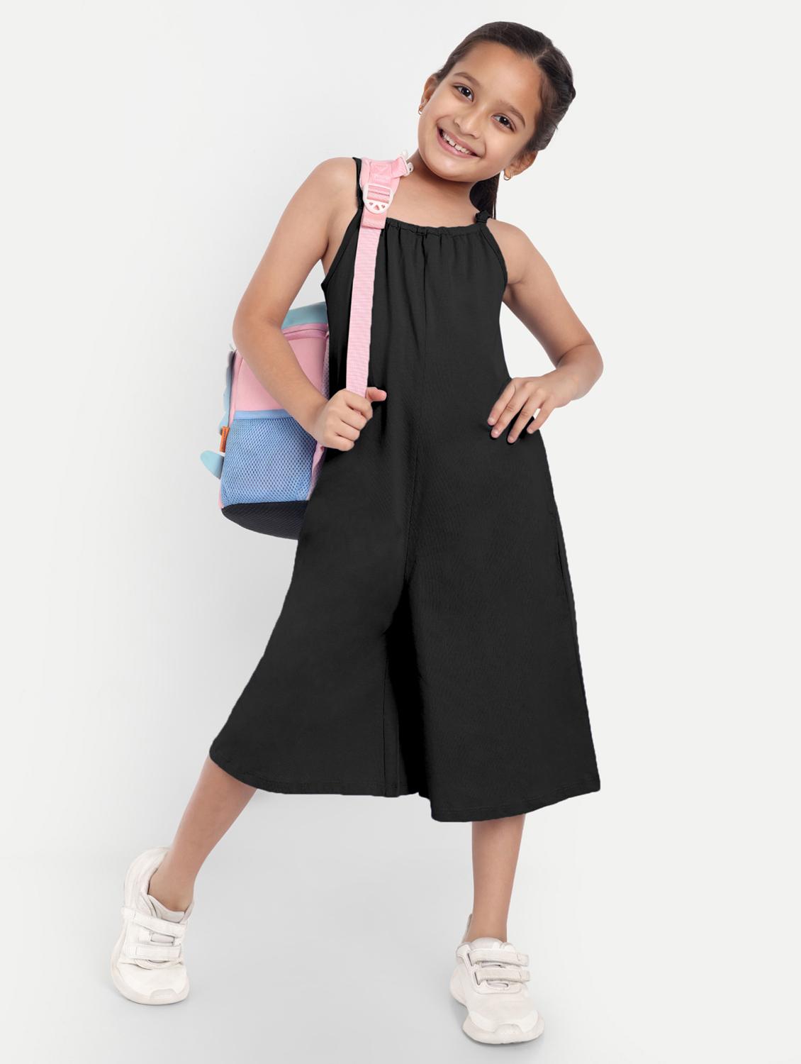 girls black solid sleeveless jump suit