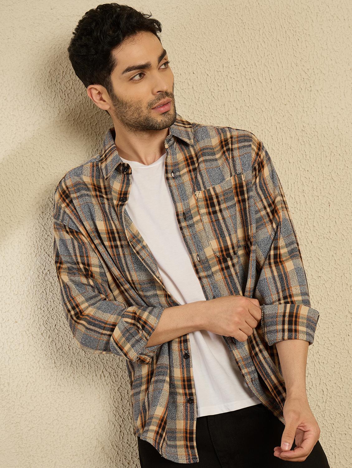 men checkered long sleeve oversized casual shirt - 21949182 -  Standard Image - 1