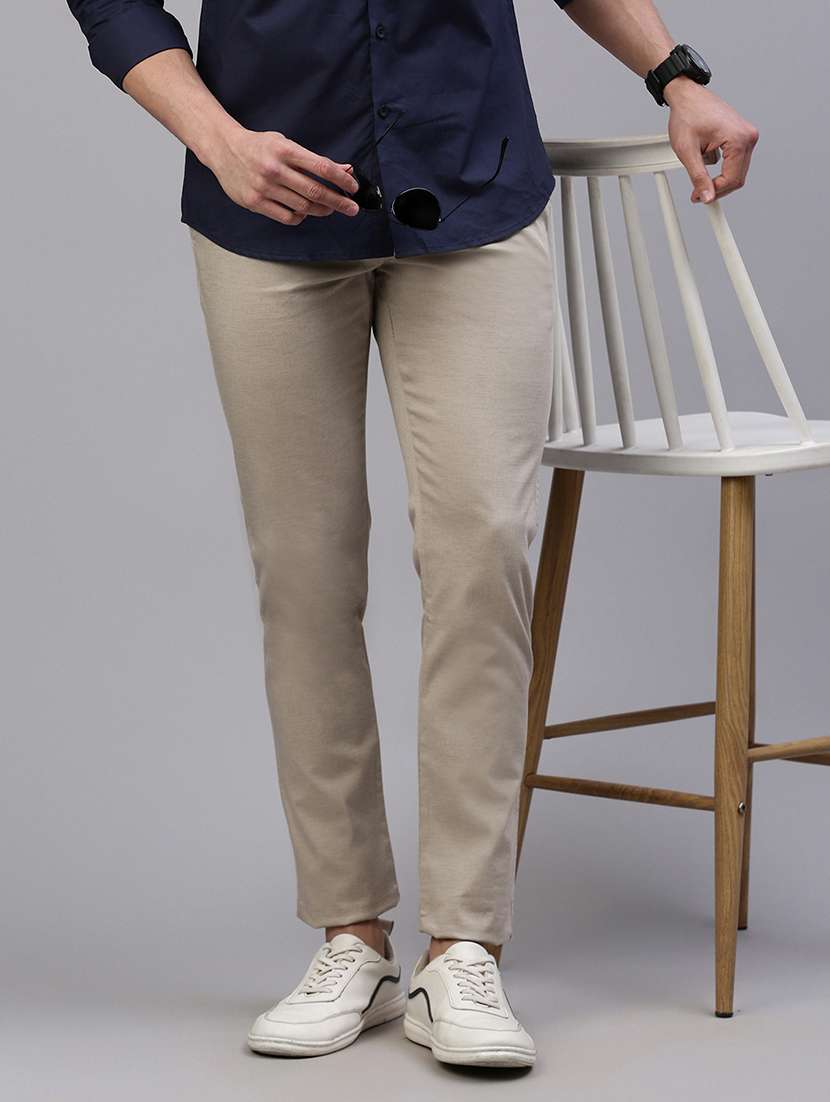 men solid mid rise flat front casual chinos 