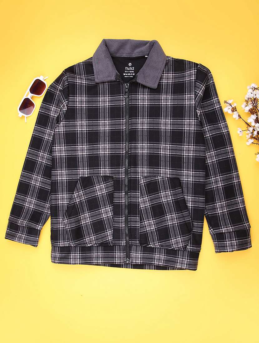 boys checkered collared long sleeve shacket
