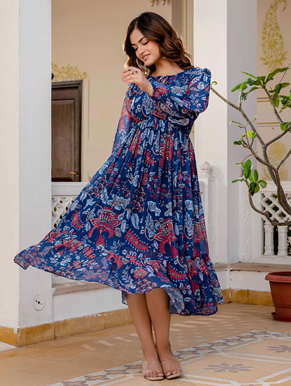 women blue printed long sleeve tiered dress - 21949585 -  Standard Image - 1