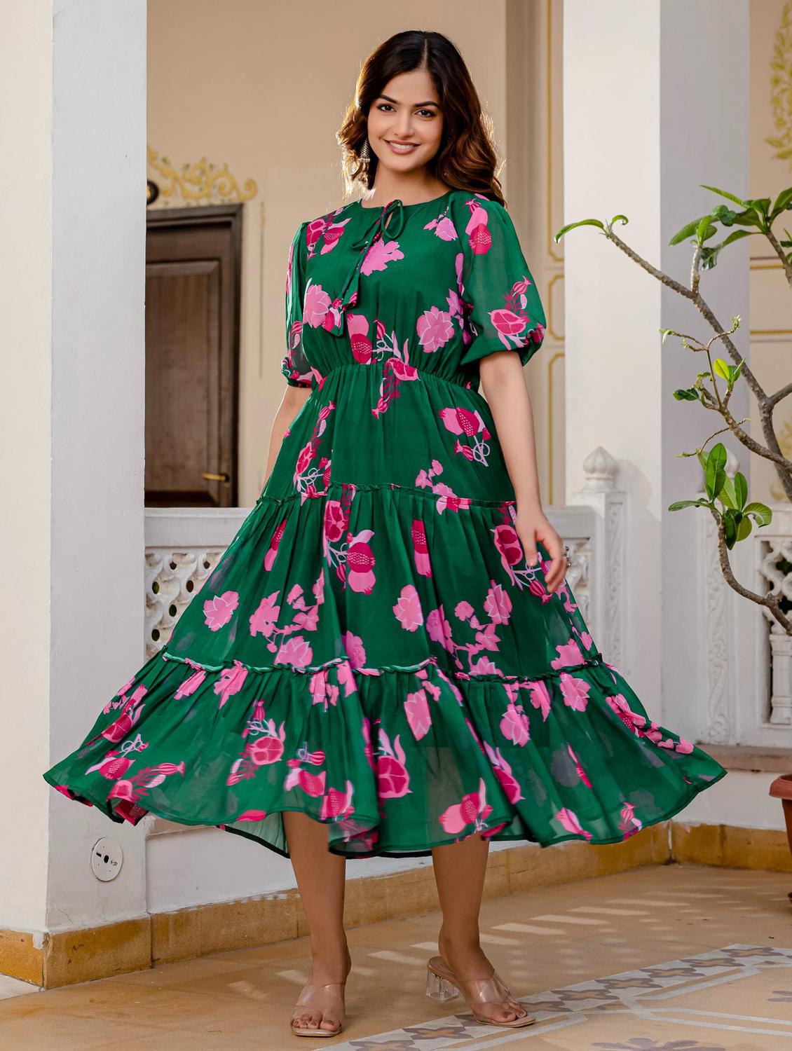 women floral printed tie-up neck tiered dress - 21949586 - Standard Image - 1