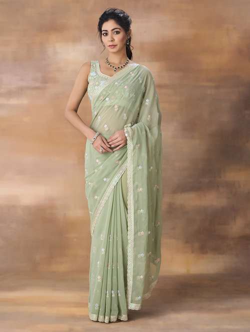 women solid with work embroidered saree with blouse - 21949594 - Standard Image - 0