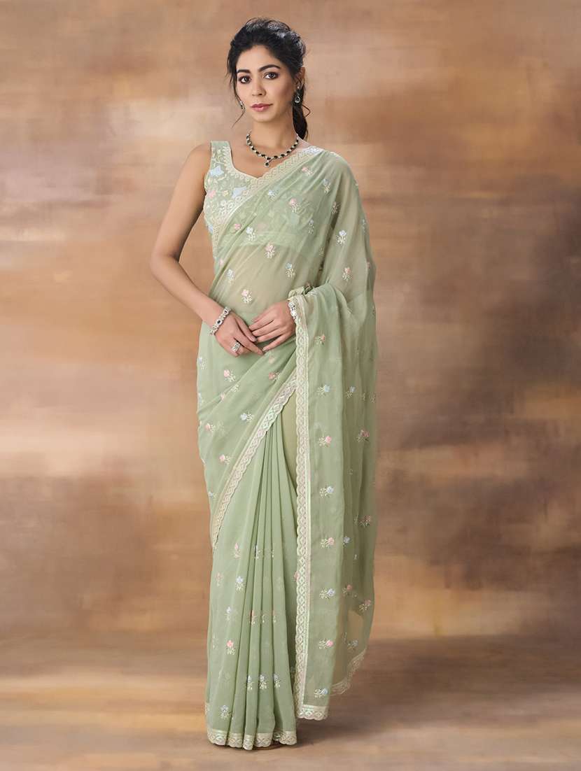 women solid with work embroidered saree with blouse - 21949594 - Zoom Image - 0
