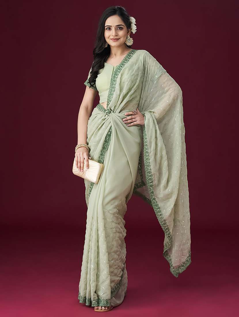 women solid with work embroidered saree with blouse - 21949602 -  Standard Image - 4