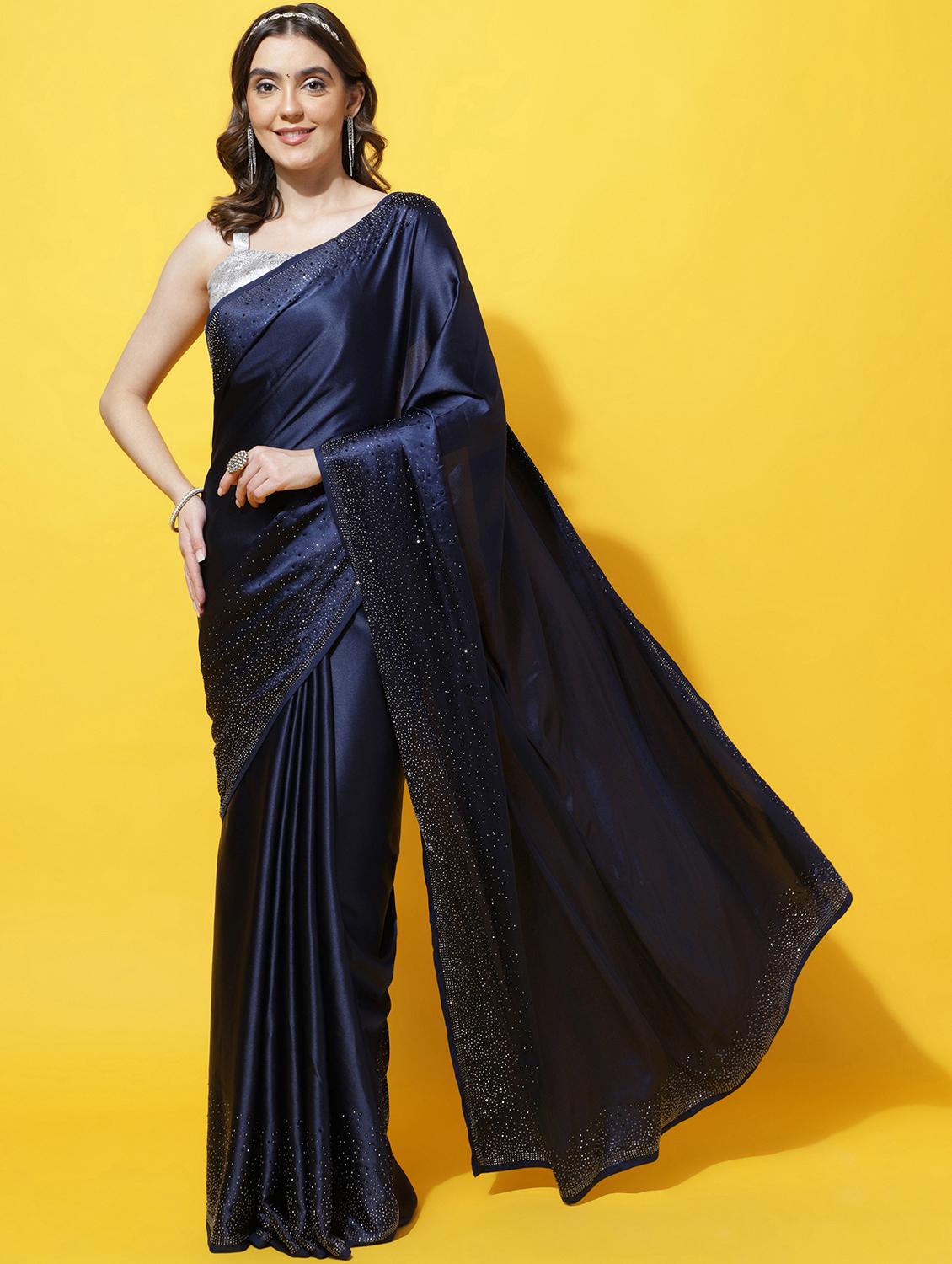 women solid with embellished bordered saree with blouse - 21949608 - Standard Image - 1