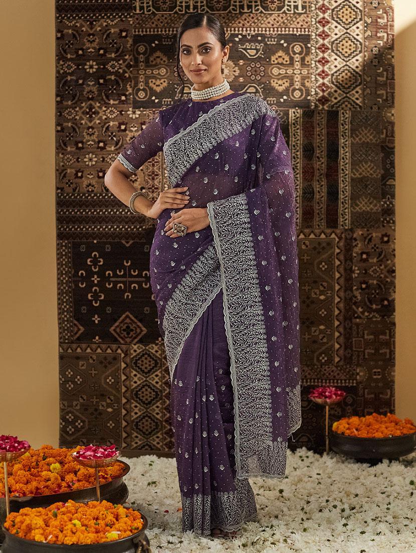 women solid with work embroidered saree with blouse - 21949612 - Standard Image - 1