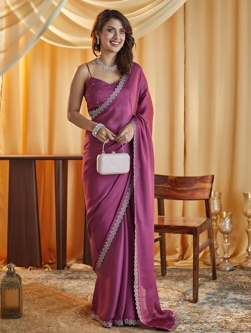 women solid embellished bordered saree with blouse - 21949613 -  Standard Image - 0