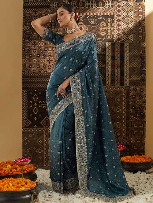 women solid with work embroidered saree with blouse - 21949616 -  Standard Image - 0