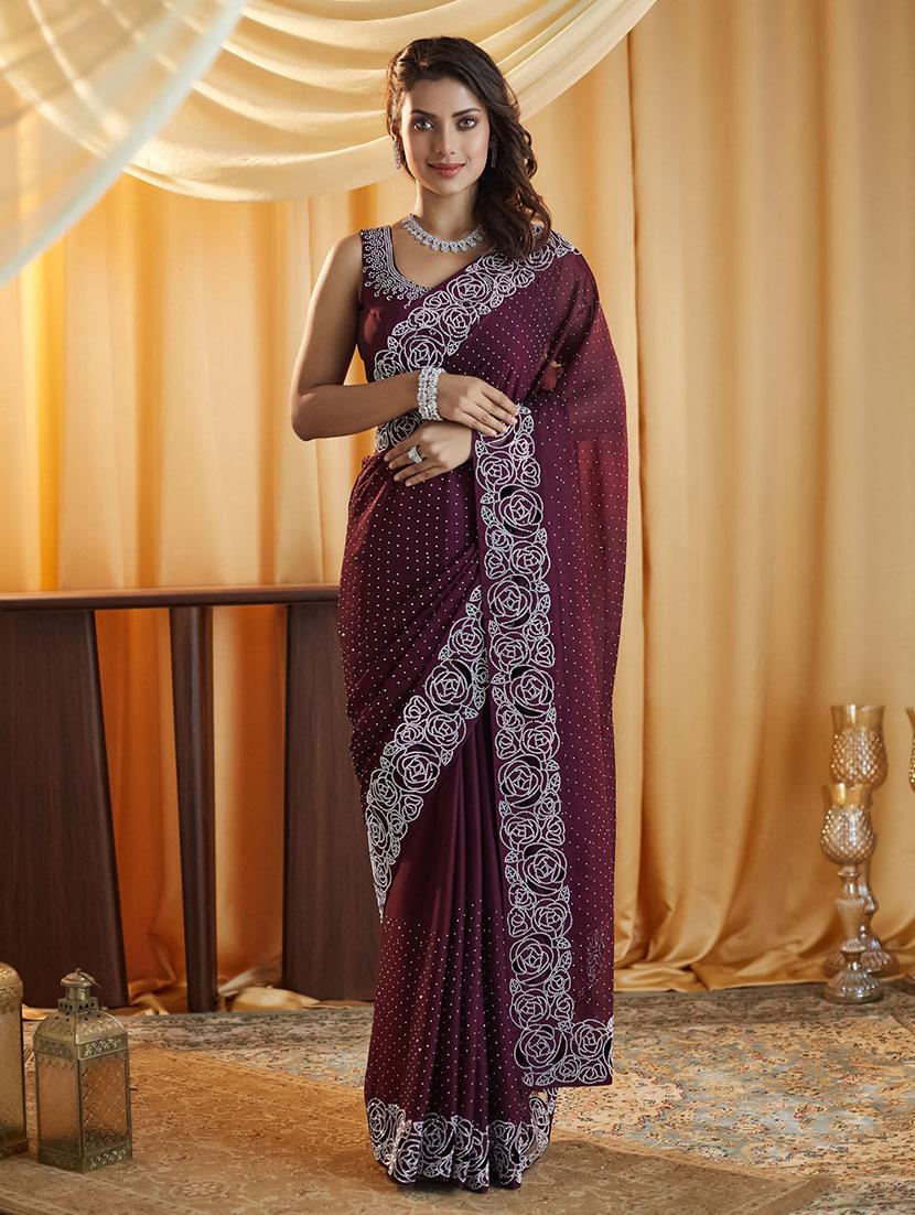 women solid with work embellished saree with blouse - 21949624 -  Standard Image - 1