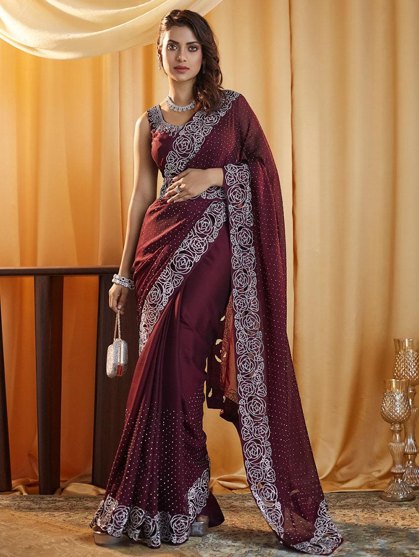 women solid with work embellished saree with blouse - 21949624 - Standard Image - 4