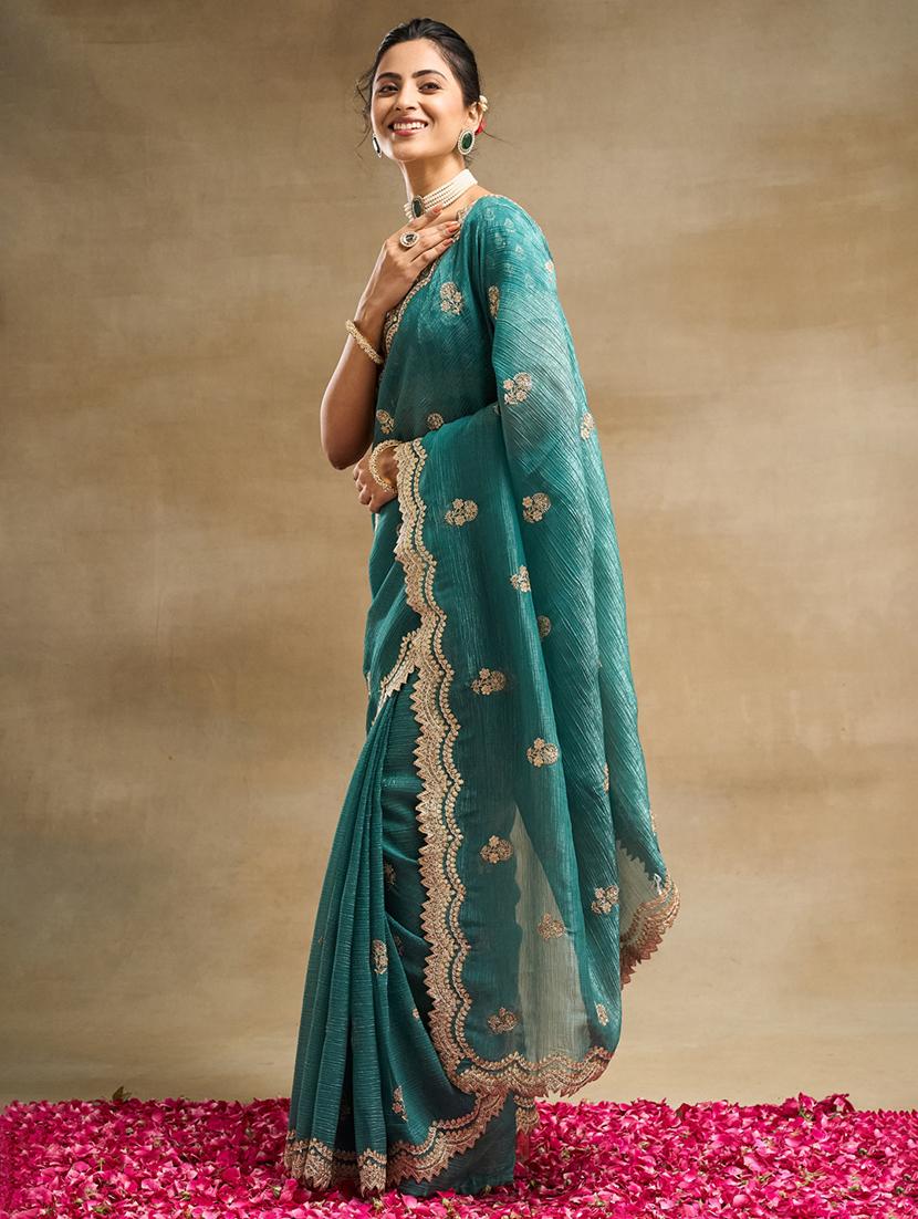 women solid with work embroidered saree with blouse - 21949628 -  Standard Image - 1